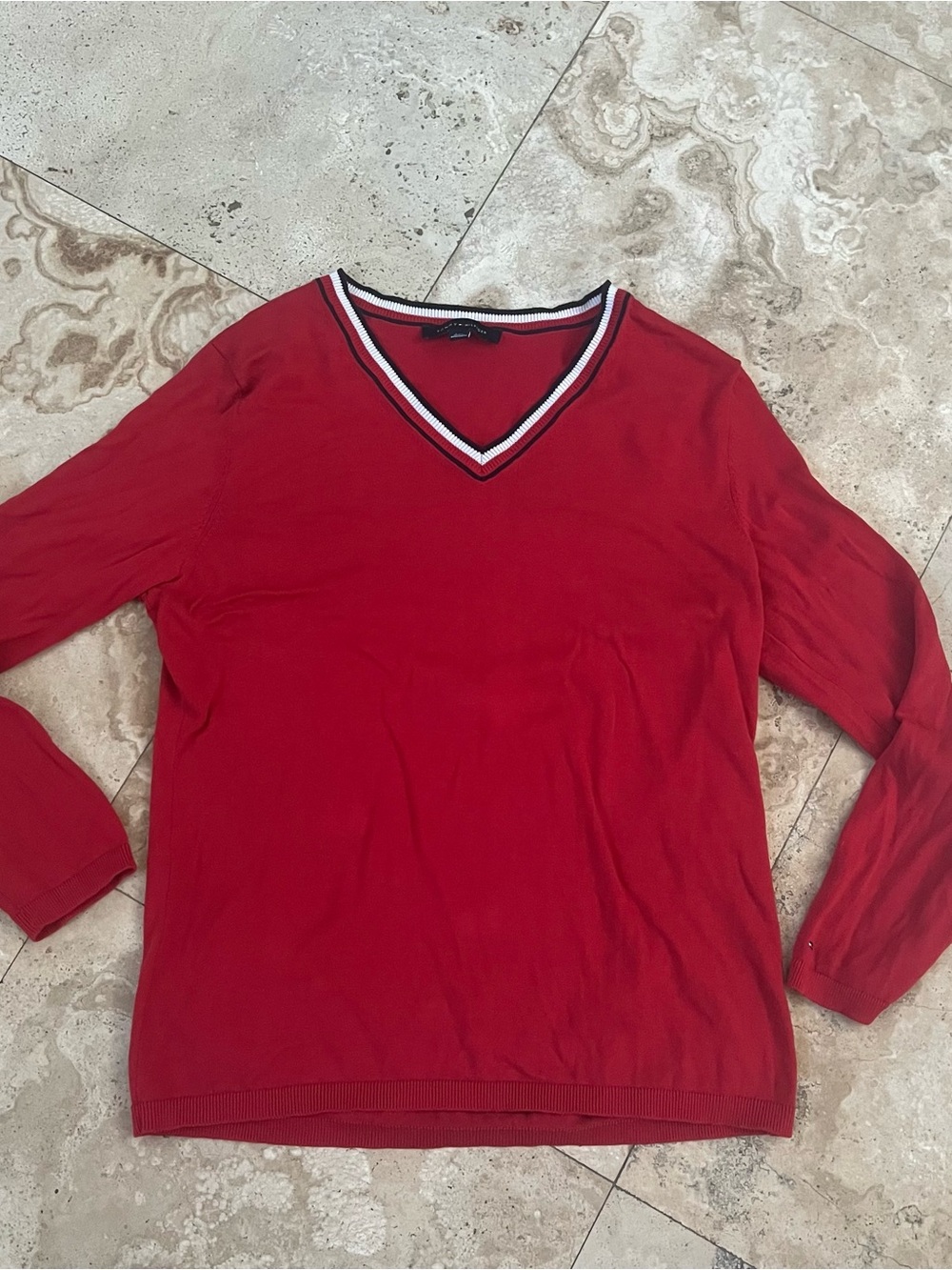 Tommy Hilfiger Men's V-Neck cotton Red Sweater with classic TH Contrast Trim